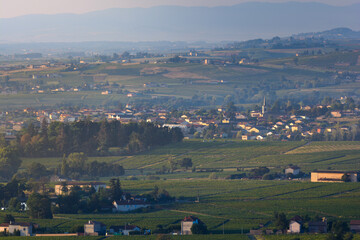 Village of Saint Etienne des Oullieres at sunrise, Beaujolais land, France