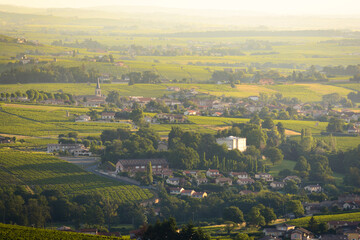 Fototapeta na wymiar Village of Saint Etienne des Oullieres with his vineyards in Beaujolais Land, France
