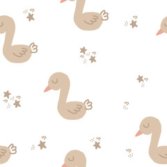 cute goose seamless pattern hand drawn. vector, minimalism, trending colors 2022. wrapping paper, textiles, background, wallpaper. children clipart, animals, birds.