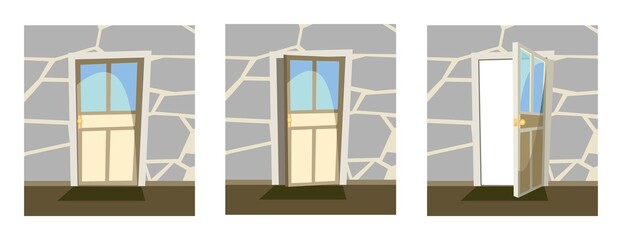 Set of white doors. Open, half ajar and locked. From inside of room at home. Stone wall. Way is open. Cartoon style. Vector