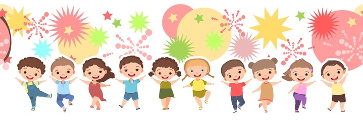 Children dance joy. Happy childhood. Little boys and girls. Kid is jumping for joy at the party. Nice kid. Flat desighn. Cartoon style. Isolated on white background. Vector