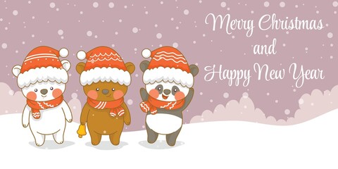 Cute polar bear and panda with christmas and new year greeting banner