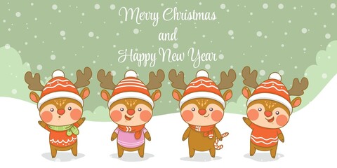 Set of cute deer with christmas and new year greeting banner