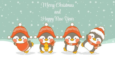 Set of cute penguin with christmas and new year greeting banner