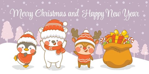 Cute deer penguin and polar bear with christmas and new year greeting banner