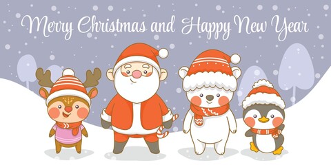 Cute santa deer penguin and polar bear with christmas and new year greeting banner