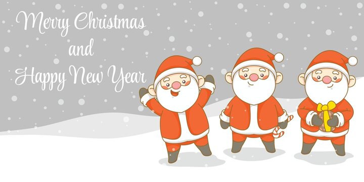 Set of cute santa claus with christmas and new year greeting banner