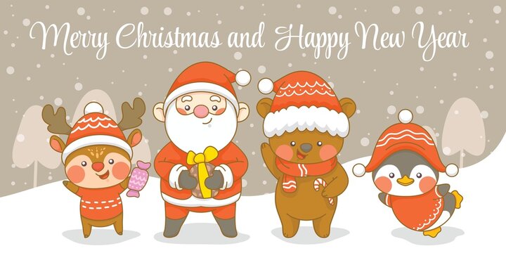 Cute santa deer penguin and bear with christmas and new year greeting banner