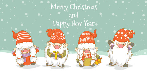 Set of cute gnome with christmas and new year greeting banner 