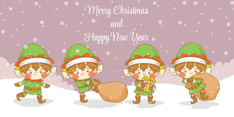 Set of cute elf with christmas and new year greeting banner