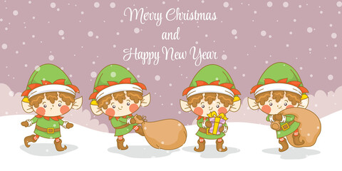 Fototapeta premium Set of cute elf with christmas and new year greeting banner