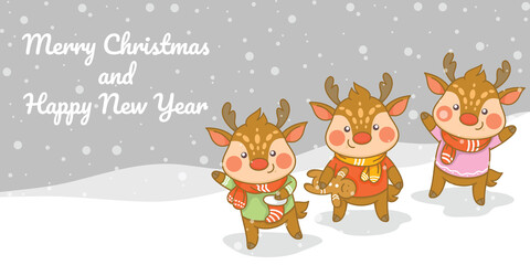 Set of cute deer with christmas and new year greeting banner