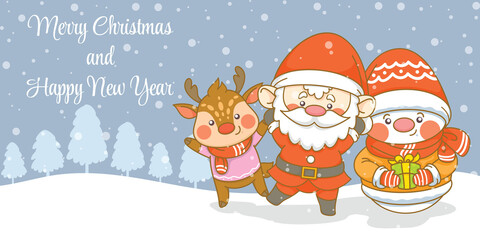 Cute santa snowman and deer with christmas and new year greeting banner