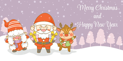 Cute santa gnome and deer with christmas and new year greeting banner