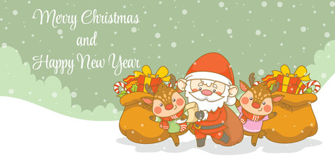 Cute santa and deer with christmas and new year greeting banner