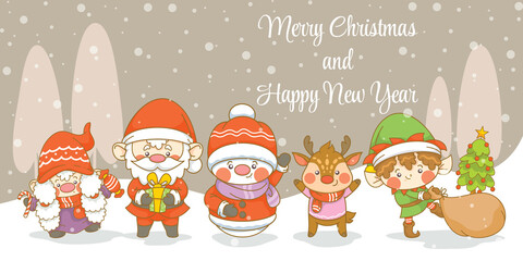 Cute santa gnome elf snowman and deer with christmas and new year greeting banner