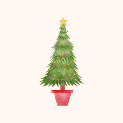 Watercolor illustration of a Christmas tree with star
