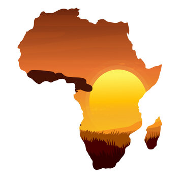 Africa map silhouette with sunset and landscape in cartoon style isolated on white background. Wild life, nature scene. Continent symbol, design element.