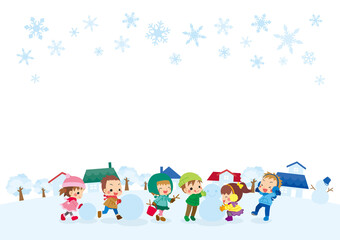 雪の降る街で友達と仲良く雪だるまを作って遊ぶ可愛い子供たちのイラスト　コピースペース　背景