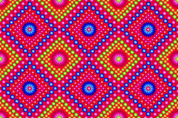 Multicolored floral patterns make up a seamless square grid on a bright red background, ethnic tribal retro fashion fabric patterns, beautiful fabric patterns.