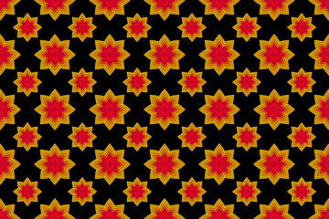 Geometric folk ornament Ikat golden brown floral pattern, Aztec style seamless tribal fabric pattern, tribal embroidery, Indian, fabric print, gold floral fabric pattern, black background.