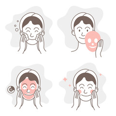 Funny cute Girl Take Care of her Face and Use Facial Sheet Mask. Woman Making Skincare Procedures. Skin Care Routine, Hygiene. Flat Cartoon Illustration and Icons set.