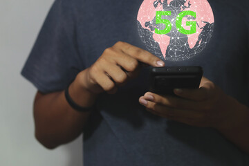 Global network concept. Clobal network connection 5G on hand man. Global network connection 5G concept.