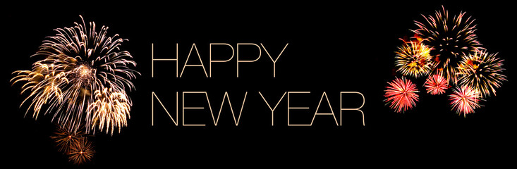 Colourful fireworks on black background. Happy New Year text