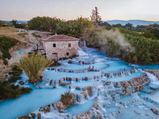 Toscane Italy, natural spa with waterfalls and hot springs at Saturnia thermal baths, Grosseto,...