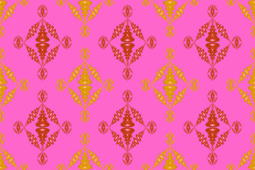 Ikat geometric folk ornament red-brown, ethnic ethnic fabric pattern seamless in Aztec style, curtain, tribal embroidery, indian, folk pattern, pink background cloth pattern