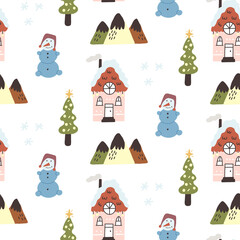 Seamless pattern christmas winter cottage snowman mountain Christmas trees. Boho cozy scandinavian Vector Digital paper for nursery wallpaper, baby textile fabric