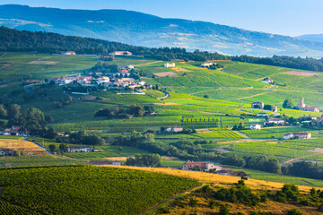 Typical village of Beaujolais land with his vineyards around, France