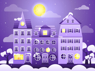Winter background with houses. Flat design with European houses in winter. Winter city landscape.