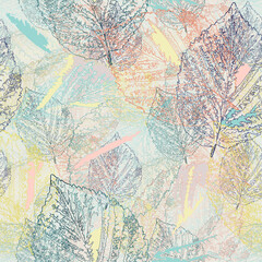 Seamless pattern with openwork leaves on a light pastel background.