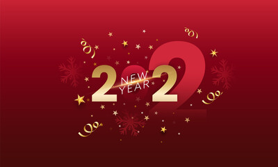 Fototapeta na wymiar Stylish 2022 New Year Font With Golden Stars, Curl Ribbons And Snowflakes On Red Background.