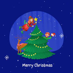 Merry Christmas Poster Design With Cartoon Elf Boy And Girl Decorating Xmas Tree, Reindeer On Blue Background.