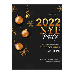 Fototapeta na wymiar 2022 NYE Party Invitation Card With Bronze Baubles, Snowflakes And Golden Stars On Black Background.