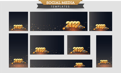 Social Media Templates And Header Collection With 3D 2022 Number, Gift Boxes And Baubles On Black Background.