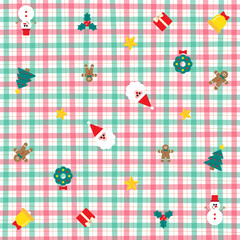 Cute Christmas Ornament Snowman, Mistletoe, Gingerbread, Bell, Wreath, Star, Santa Element Red Green Gingham Pattern Editable Stroke. Cartoon Illustration, Mat, Fabric, Textile, Scarf, Wrapping Paper.