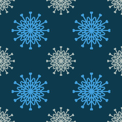 Fototapeta na wymiar Vector seamless pattern with blue lacy snowflakes on dark navy background.Delicate winter design for wrapping paper,fabrics,bed linen,textile,home decoration