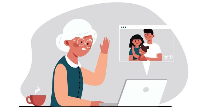 Animated Grandmother chatting with family on a laptop