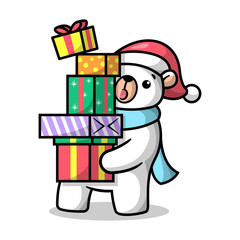 A CUTE POLAR BEAR IS BRINGING A STACK OF PRESENT BOXES. CHRISTMAS ILLUSTRATION.