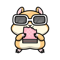 A CUTE HAMSTER IS EATING A SNACK AND WEARING SUNGLASSES.