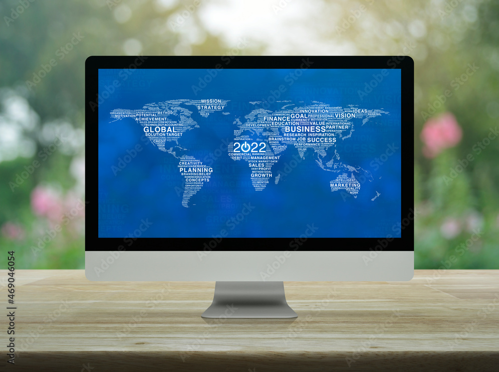 Poster start up business flat icon with global words world map on desktop modern computer monitor screen on