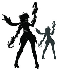 The silhouette of a beautiful slender huntress girl with two manual multi-shot crossbows in her hands, she stands in a beautiful pose with her legs wide apart she has a square and a long scarf  2d art