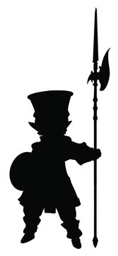 The black silhouette of a small, eared guardian warrior with a long halberd and a round buckler shield, he has a tall hat, a big head, short legs and arms.  2d cartoon illustration