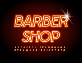 Fototapeta na wymiar Vector Neon Sign Barber Shop. Modern Bright Font. Glowing Alphabet Letters and Numbers set