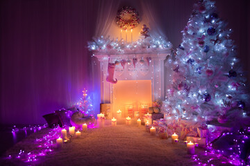 Christmas Home Room Interior with Fire Place Candle Light and White Xmas Fir Tree Decorated with Pink Ornaments and Purple Garland Lights. Cozy Winter Holiday Night Decoration Indoor Design