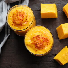 Pumpkin smoothie with spices on a wooden background Top view. Copy space