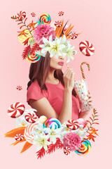 Abstract art collage of young woman with flowers and sweets